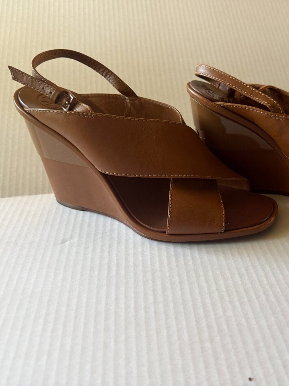 Tory Burch Brown Leather Crisscross Wedge Sandals - Size 9.5